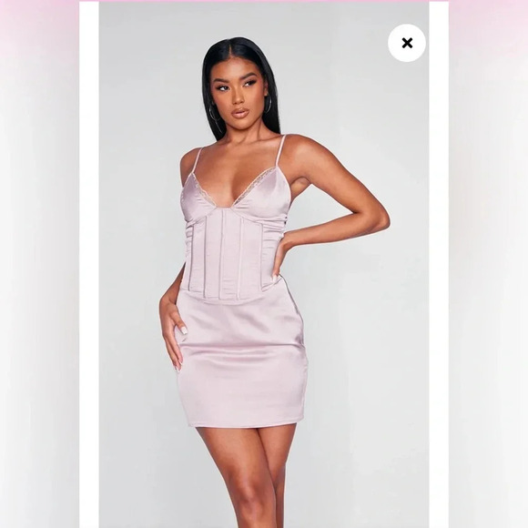 Pretty Little Thing MAUVE SATIN CORSET DETAIL LACE TRIM STRAPPY BODYCON DRESS - Picture 9 of 15